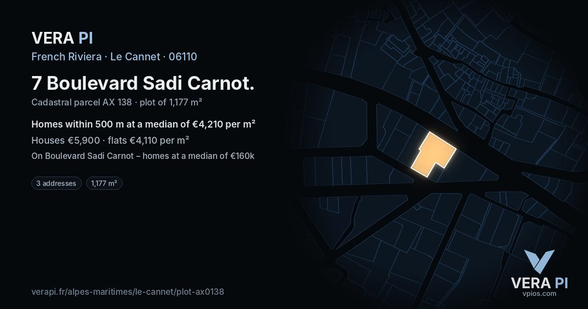 7 Boulevard Sadi Carnot, Le Cannet at night – the plot lit, the parcels around coloured by the prices near them