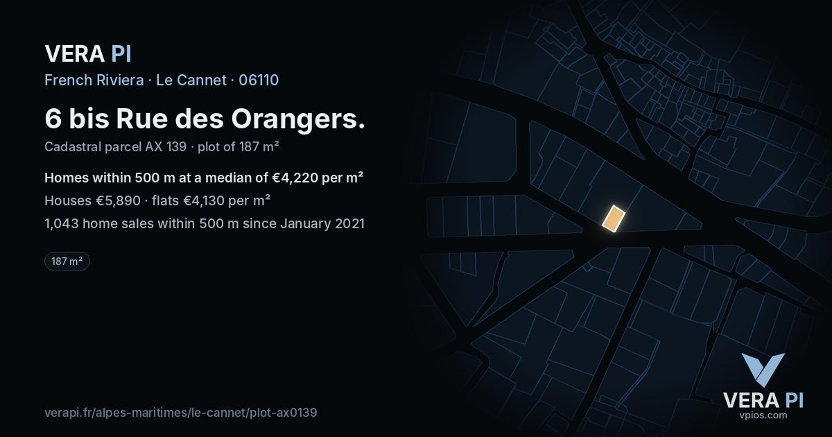 6 bis Rue des Orangers, Le Cannet at night – the plot lit, the parcels around coloured by the prices near them