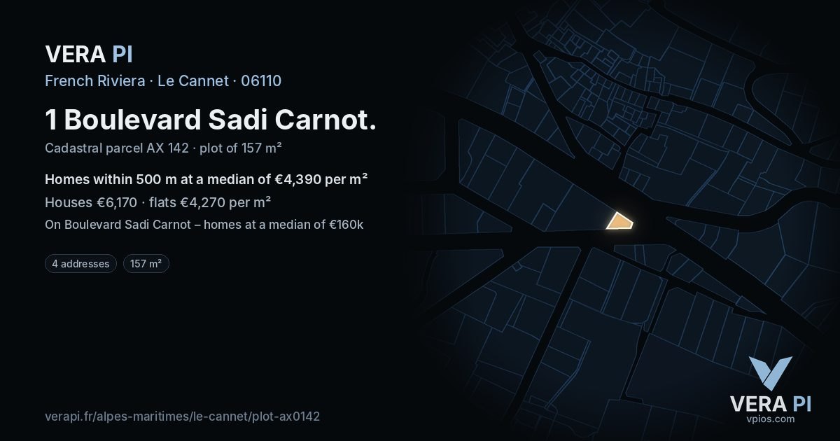 1 Boulevard Sadi Carnot, Le Cannet at night – the plot lit, the parcels around coloured by the prices near them