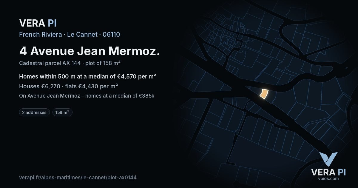 4 Avenue Jean Mermoz, Le Cannet at night – the plot lit, the parcels around coloured by the prices near them