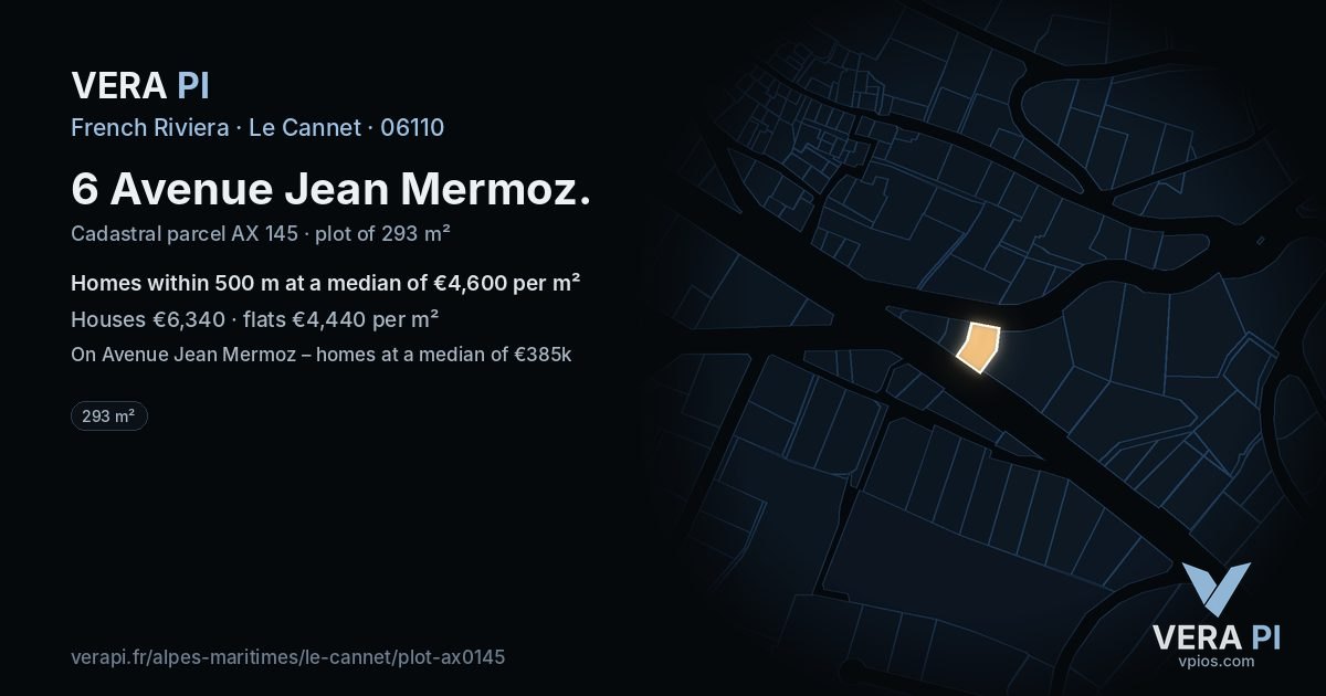 6 Avenue Jean Mermoz, Le Cannet at night – the plot lit, the parcels around coloured by the prices near them