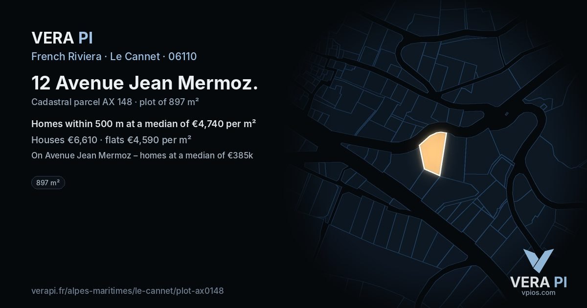 12 Avenue Jean Mermoz, Le Cannet at night – the plot lit, the parcels around coloured by the prices near them