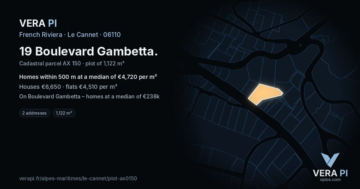 19 Boulevard Gambetta, Le Cannet at night – the plot lit, the parcels around coloured by the prices near them