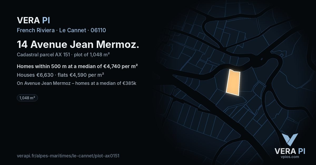 14 Avenue Jean Mermoz, Le Cannet at night – the plot lit, the parcels around coloured by the prices near them