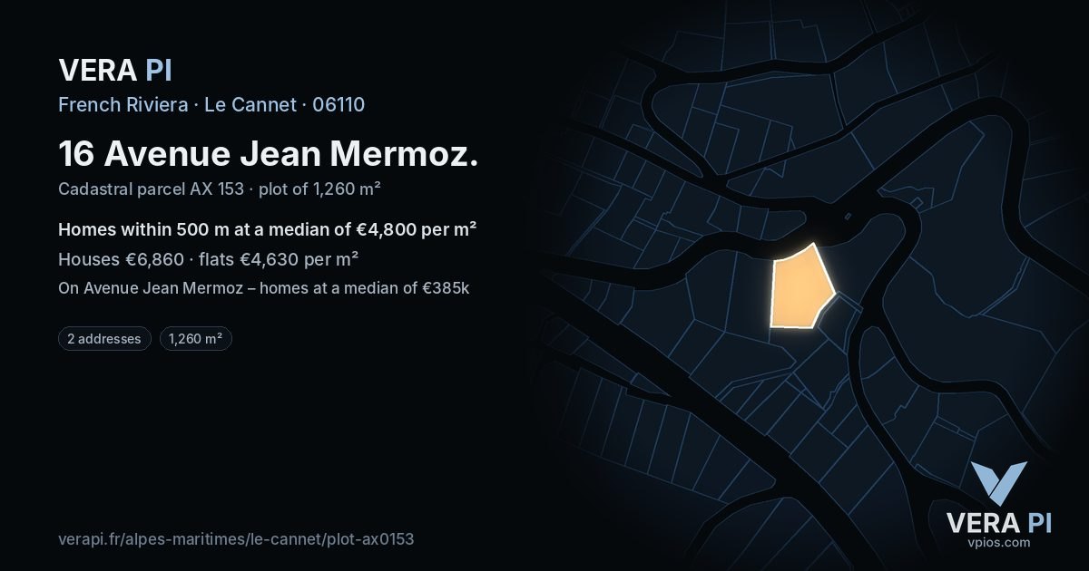 16 Avenue Jean Mermoz, Le Cannet at night – the plot lit, the parcels around coloured by the prices near them