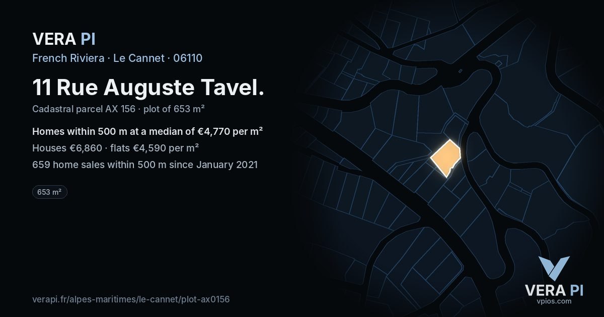 11 Rue Auguste Tavel, Le Cannet at night – the plot lit, the parcels around coloured by the prices near them