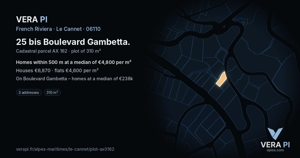 25 bis Boulevard Gambetta, Le Cannet at night – the plot lit, the parcels around coloured by the prices near them