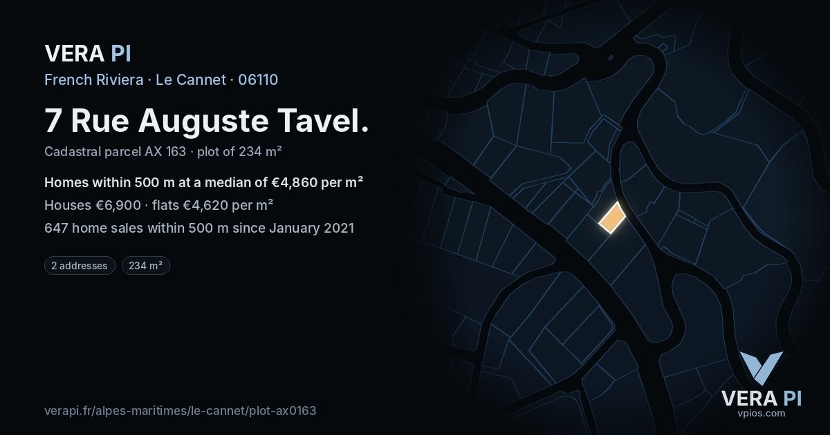 7 Rue Auguste Tavel, Le Cannet at night – the plot lit, the parcels around coloured by the prices near them