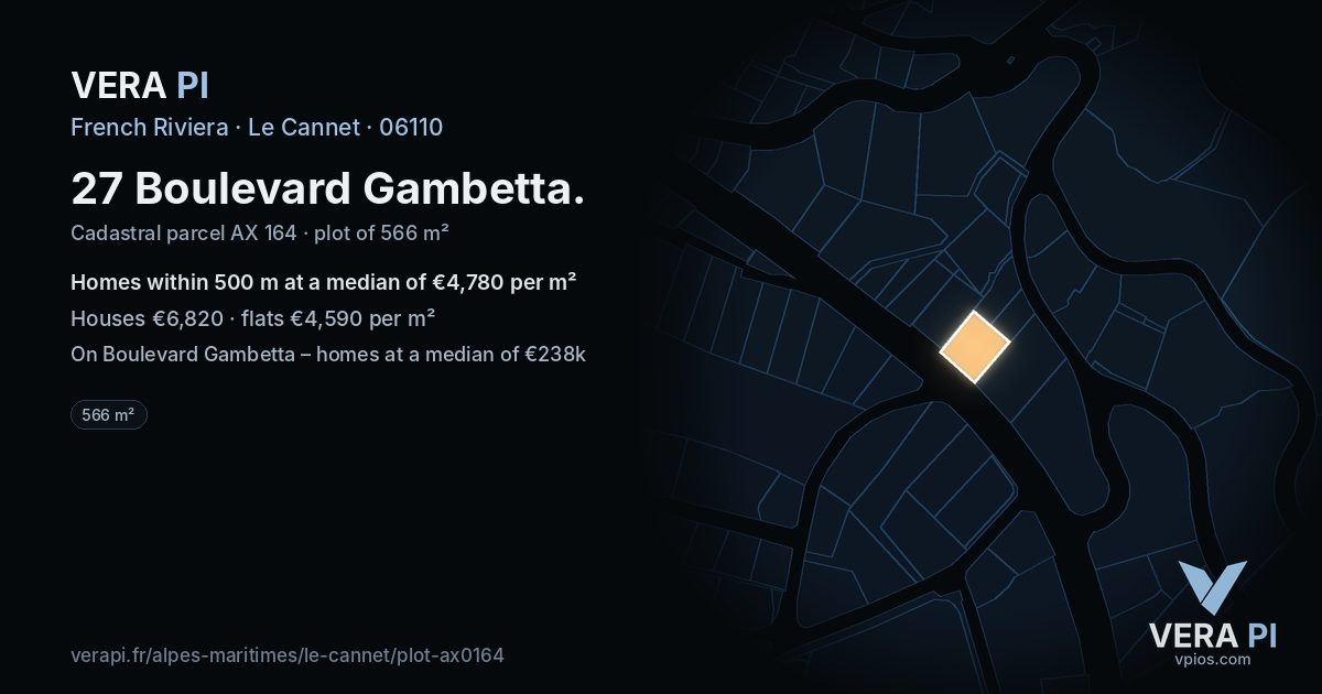 27 Boulevard Gambetta, Le Cannet at night – the plot lit, the parcels around coloured by the prices near them