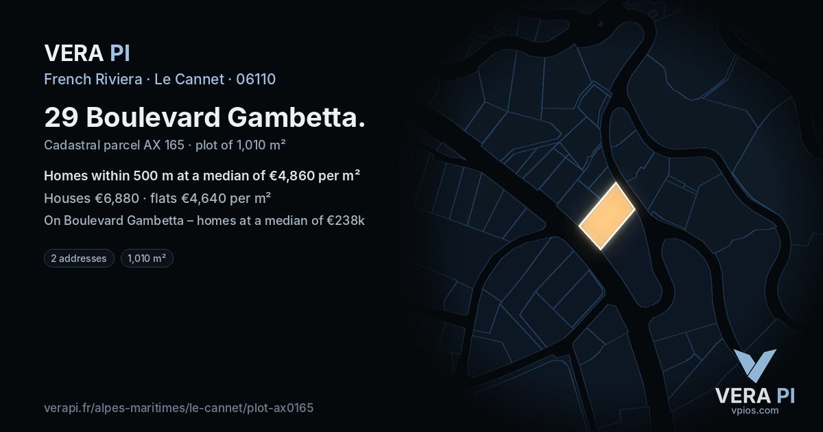 29 Boulevard Gambetta, Le Cannet at night – the plot lit, the parcels around coloured by the prices near them