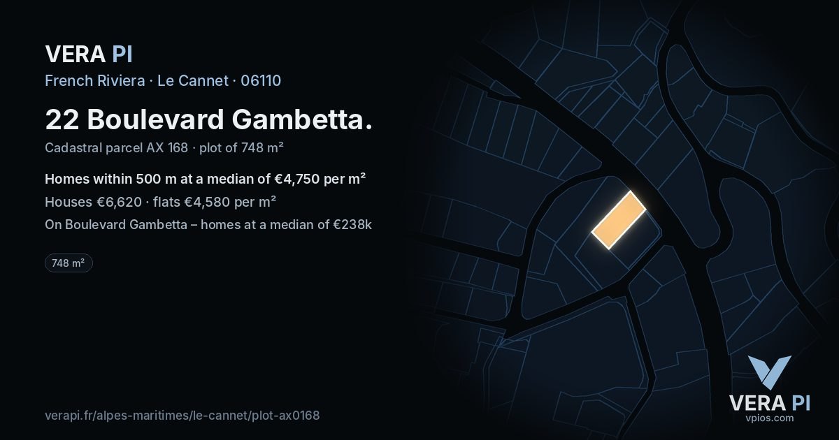 22 Boulevard Gambetta, Le Cannet at night – the plot lit, the parcels around coloured by the prices near them