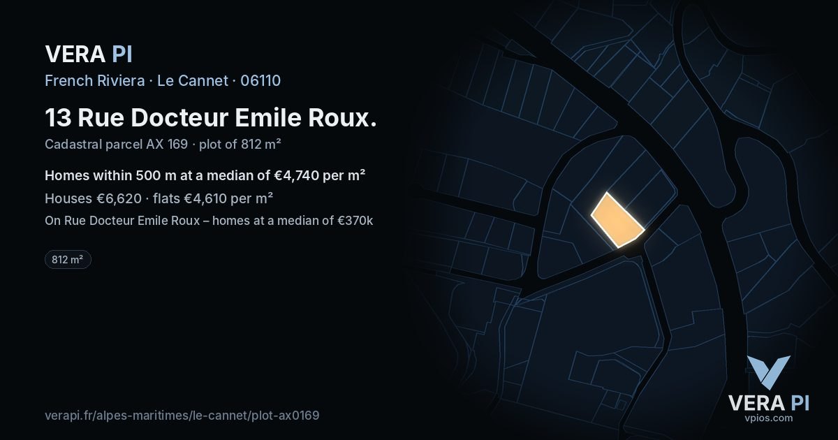 13 Rue Docteur Emile Roux, Le Cannet at night – the plot lit, the parcels around coloured by the prices near them