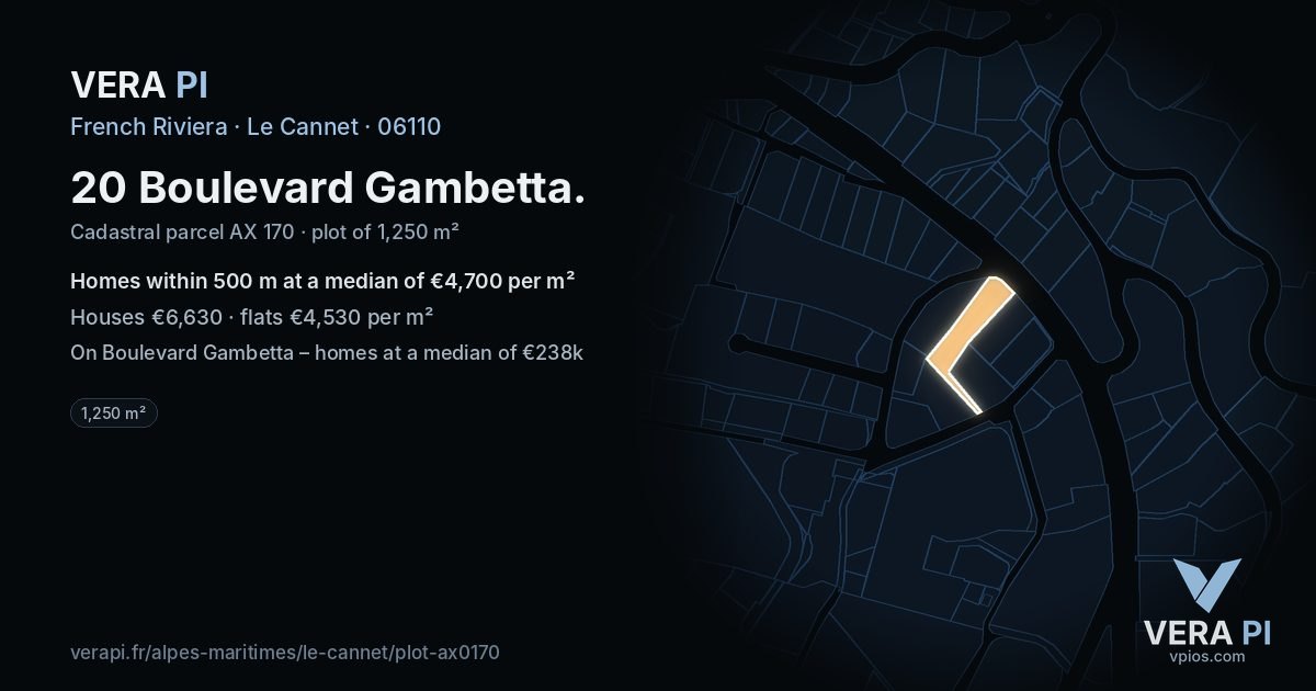 20 Boulevard Gambetta, Le Cannet at night – the plot lit, the parcels around coloured by the prices near them