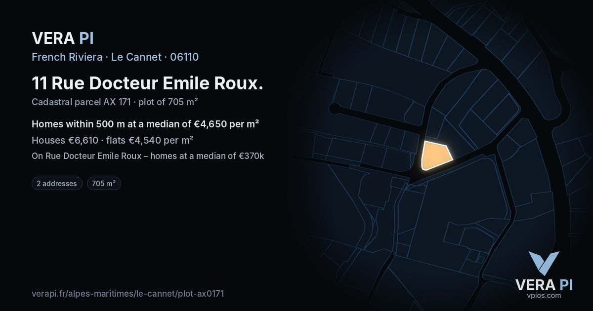 11 Rue Docteur Emile Roux, Le Cannet at night – the plot lit, the parcels around coloured by the prices near them