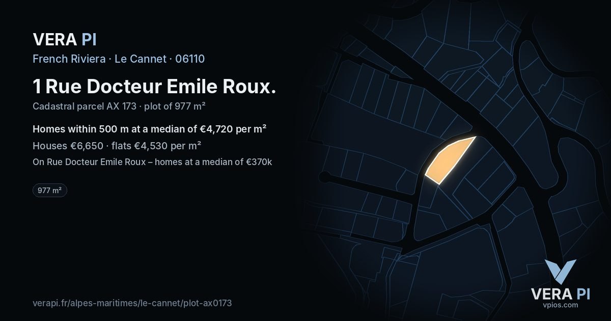 1 Rue Docteur Emile Roux, Le Cannet at night – the plot lit, the parcels around coloured by the prices near them