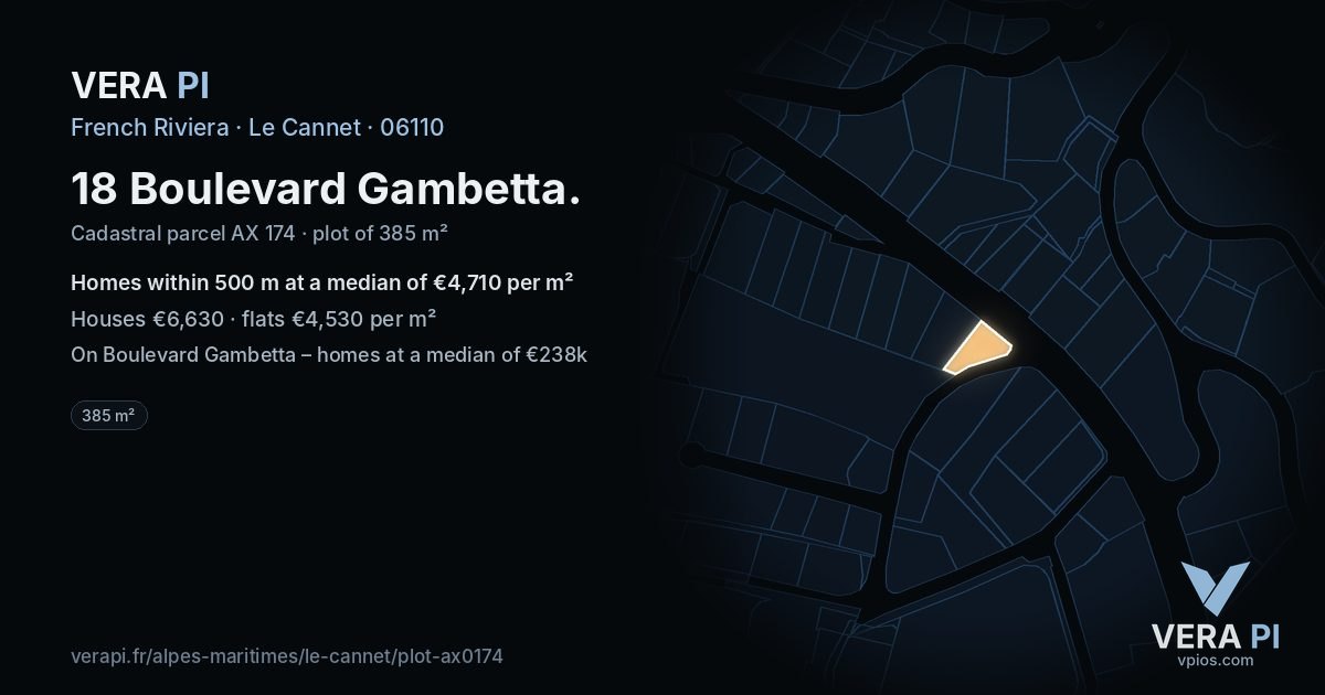 18 Boulevard Gambetta, Le Cannet at night – the plot lit, the parcels around coloured by the prices near them