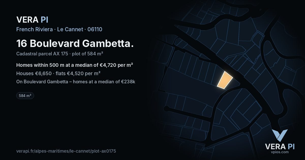 16 Boulevard Gambetta, Le Cannet at night – the plot lit, the parcels around coloured by the prices near them
