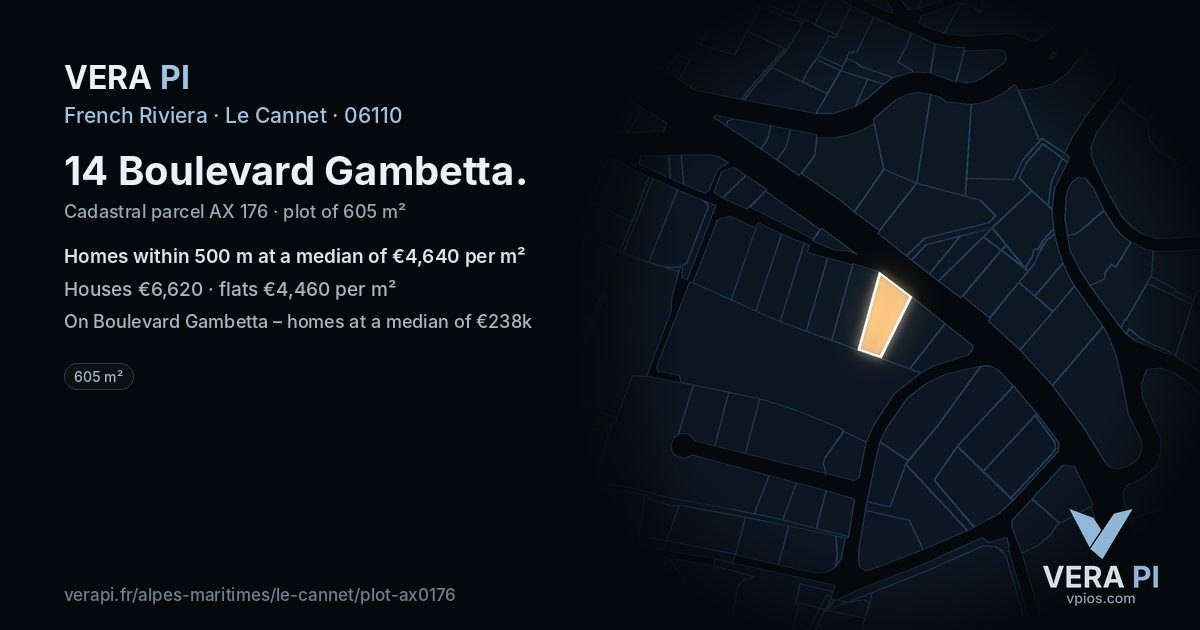 14 Boulevard Gambetta, Le Cannet at night – the plot lit, the parcels around coloured by the prices near them