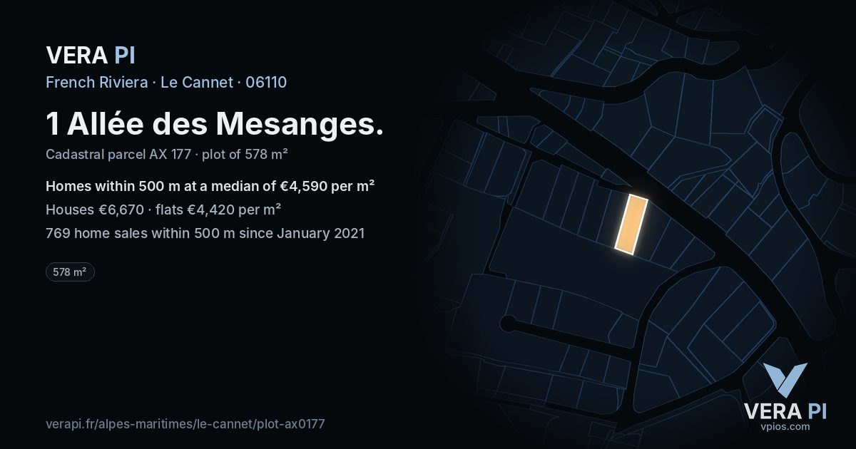 1 Allée des Mesanges, Le Cannet at night – the plot lit, the parcels around coloured by the prices near them