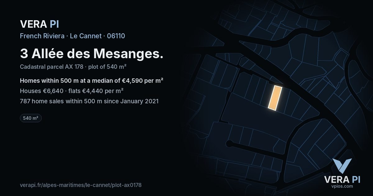3 Allée des Mesanges, Le Cannet at night – the plot lit, the parcels around coloured by the prices near them