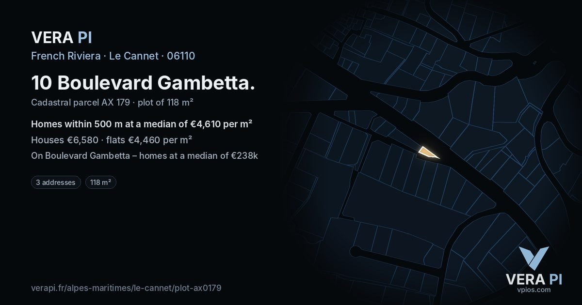 10 Boulevard Gambetta, Le Cannet at night – the plot lit, the parcels around coloured by the prices near them