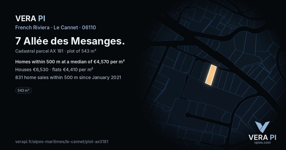 7 Allée des Mesanges, Le Cannet at night – the plot lit, the parcels around coloured by the prices near them