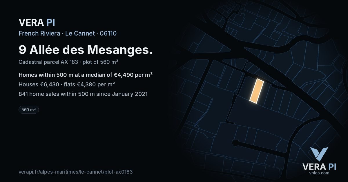 9 Allée des Mesanges, Le Cannet at night – the plot lit, the parcels around coloured by the prices near them