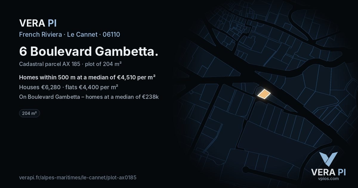 6 Boulevard Gambetta, Le Cannet at night – the plot lit, the parcels around coloured by the prices near them