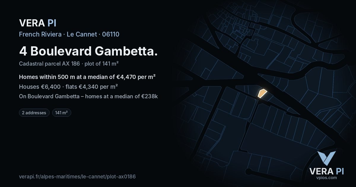 4 Boulevard Gambetta, Le Cannet at night – the plot lit, the parcels around coloured by the prices near them