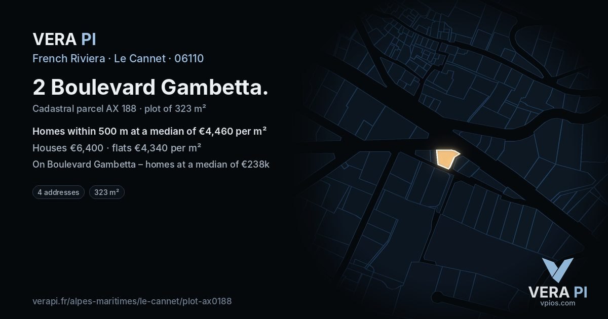 2 Boulevard Gambetta, Le Cannet at night – the plot lit, the parcels around coloured by the prices near them