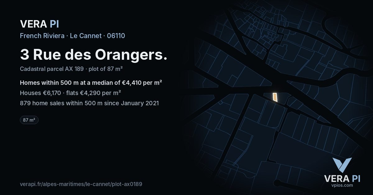 3 Rue des Orangers, Le Cannet at night – the plot lit, the parcels around coloured by the prices near them