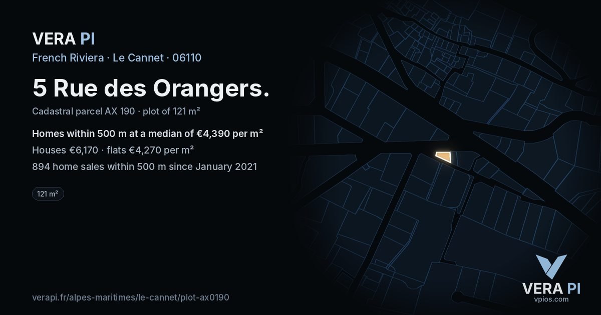 5 Rue des Orangers, Le Cannet at night – the plot lit, the parcels around coloured by the prices near them