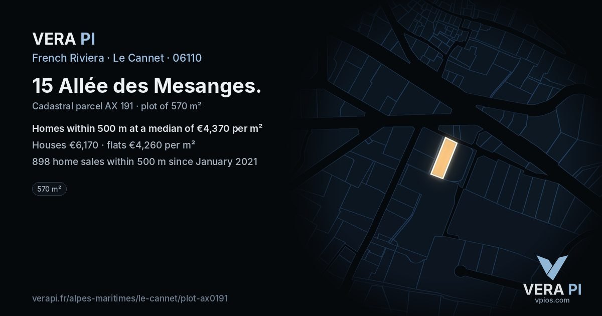 15 Allée des Mesanges, Le Cannet at night – the plot lit, the parcels around coloured by the prices near them