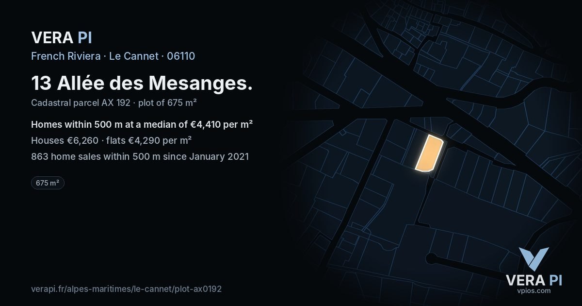 13 Allée des Mesanges, Le Cannet at night – the plot lit, the parcels around coloured by the prices near them