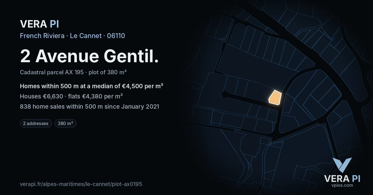 2 Avenue Gentil, Le Cannet at night – the plot lit, the parcels around coloured by the prices near them