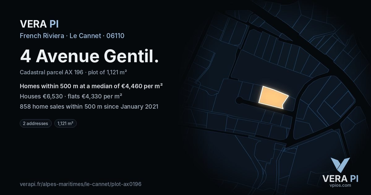 4 Avenue Gentil, Le Cannet at night – the plot lit, the parcels around coloured by the prices near them