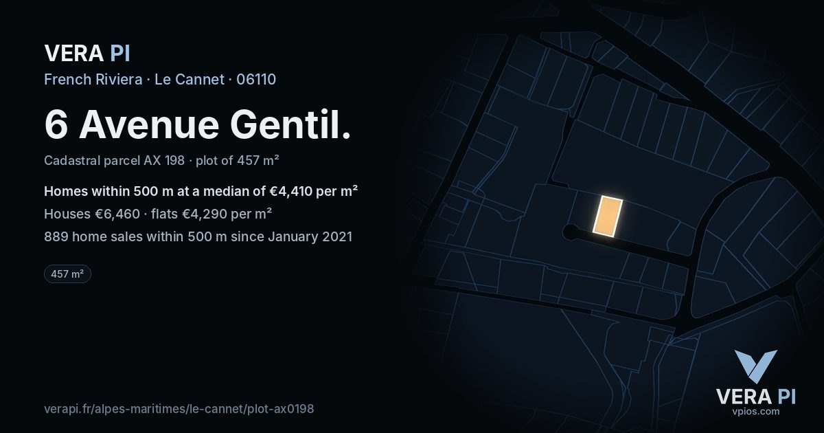 6 Avenue Gentil, Le Cannet at night – the plot lit, the parcels around coloured by the prices near them