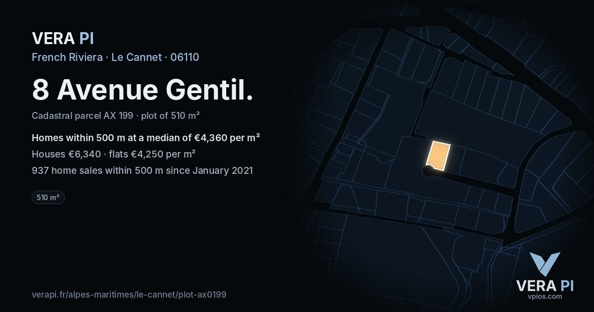 8 Avenue Gentil, Le Cannet at night – the plot lit, the parcels around coloured by the prices near them