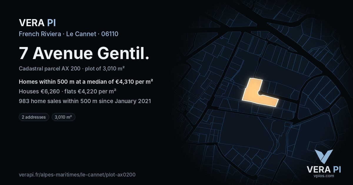 7 Avenue Gentil, Le Cannet at night – the plot lit, the parcels around coloured by the prices near them