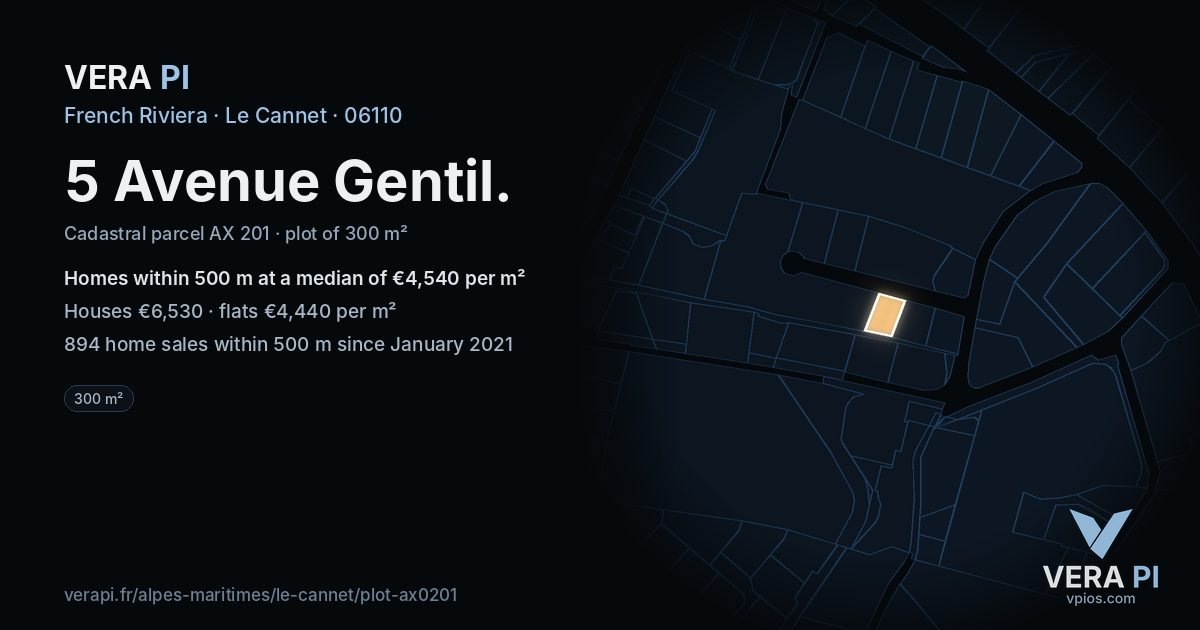 5 Avenue Gentil, Le Cannet at night – the plot lit, the parcels around coloured by the prices near them