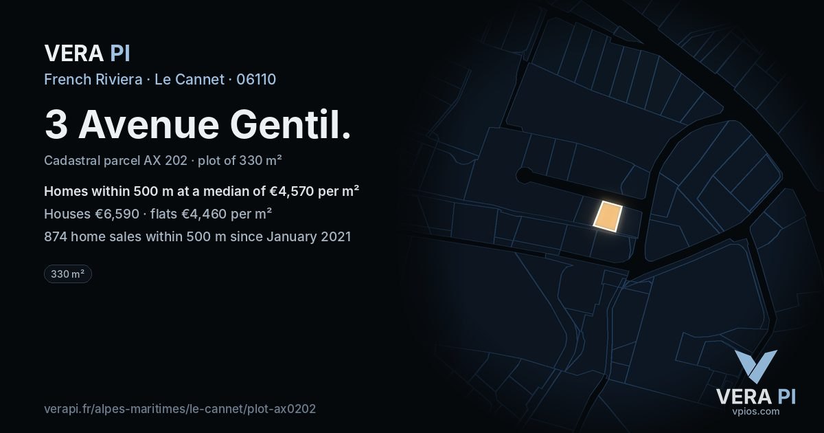 3 Avenue Gentil, Le Cannet at night – the plot lit, the parcels around coloured by the prices near them