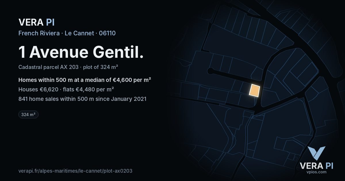 1 Avenue Gentil, Le Cannet at night – the plot lit, the parcels around coloured by the prices near them