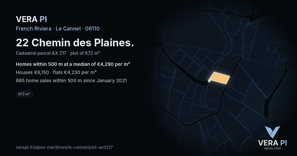 22 Chemin des Plaines, Le Cannet at night – the plot lit, the parcels around coloured by the prices near them