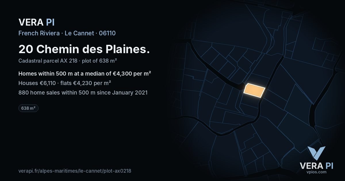 20 Chemin des Plaines, Le Cannet at night – the plot lit, the parcels around coloured by the prices near them