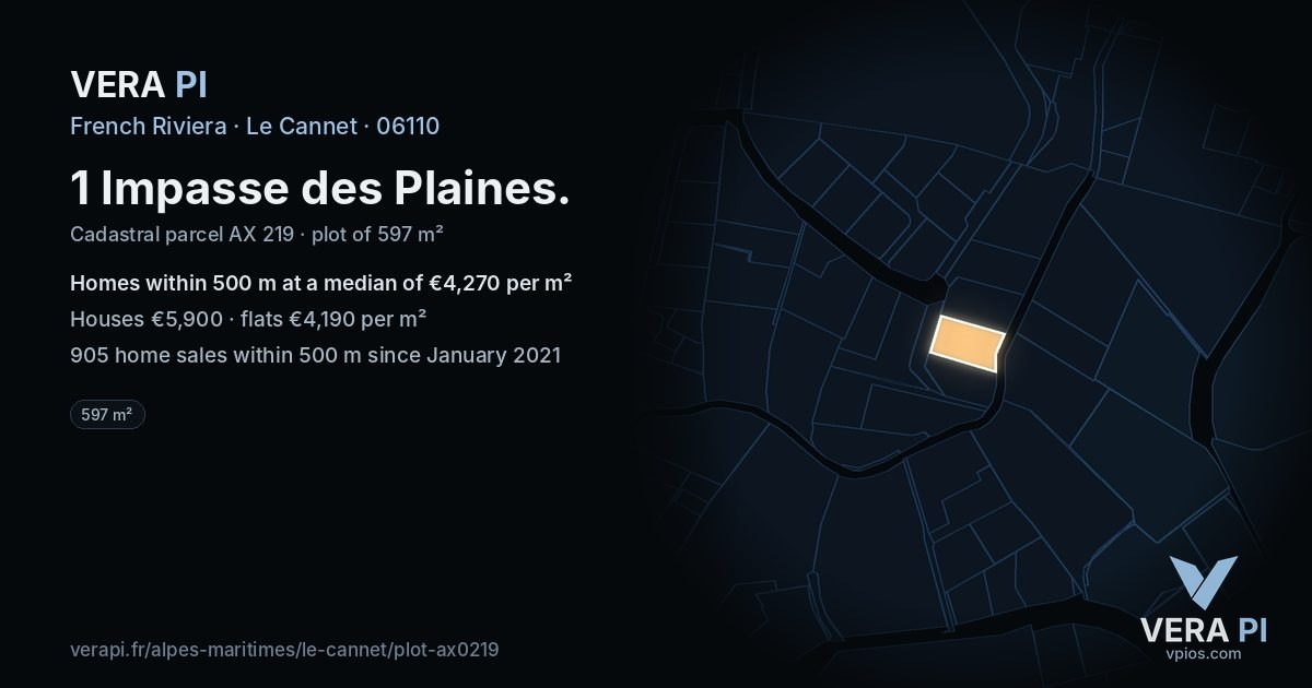 1 Impasse des Plaines, Le Cannet at night – the plot lit, the parcels around coloured by the prices near them