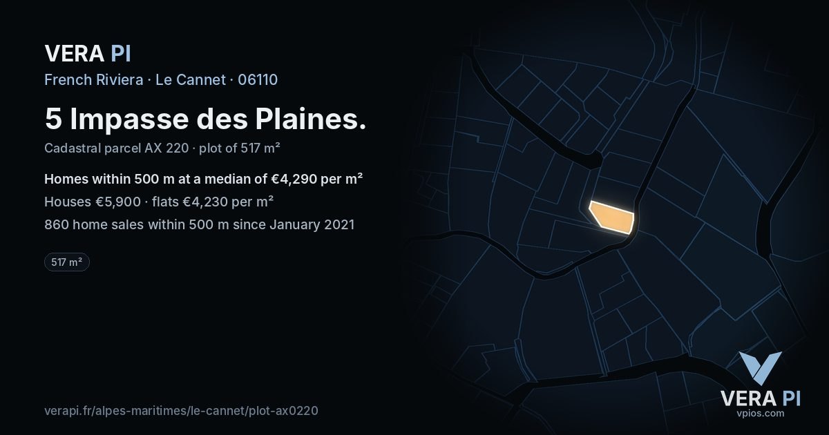 5 Impasse des Plaines, Le Cannet at night – the plot lit, the parcels around coloured by the prices near them