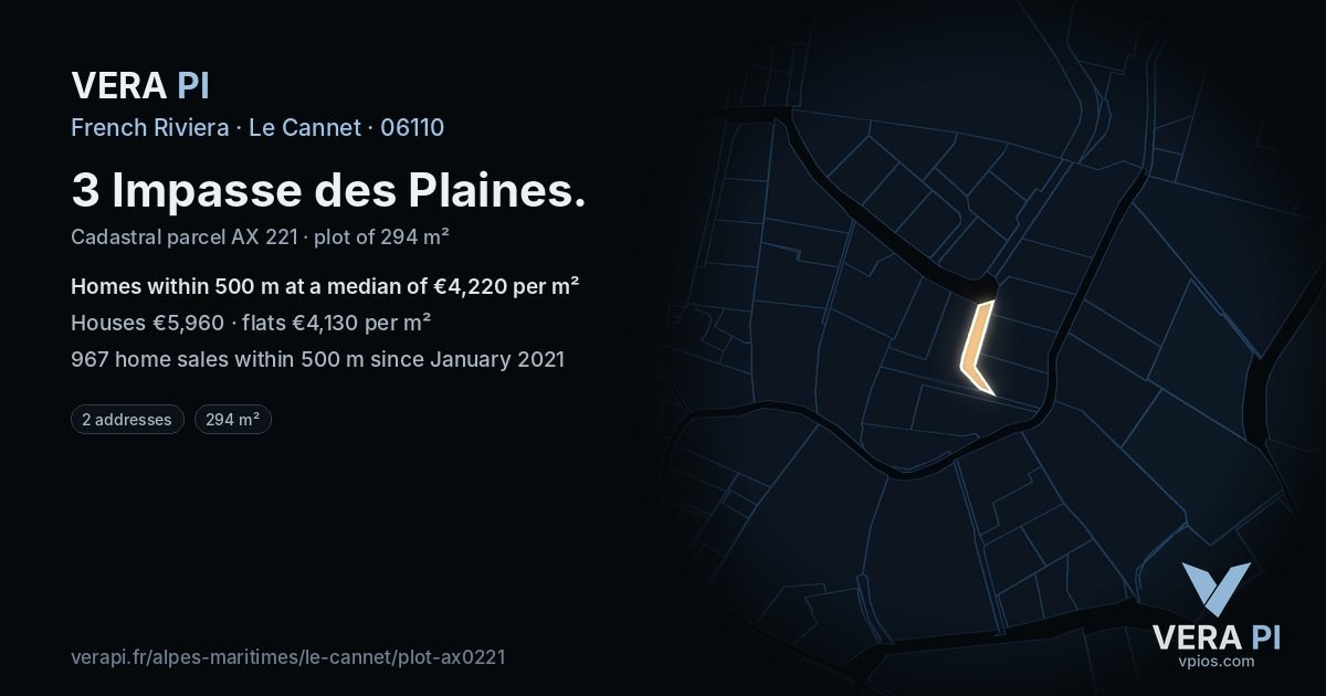 3 Impasse des Plaines, Le Cannet at night – the plot lit, the parcels around coloured by the prices near them