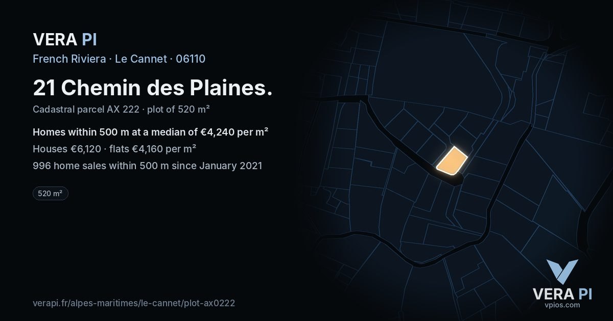 21 Chemin des Plaines, Le Cannet at night – the plot lit, the parcels around coloured by the prices near them