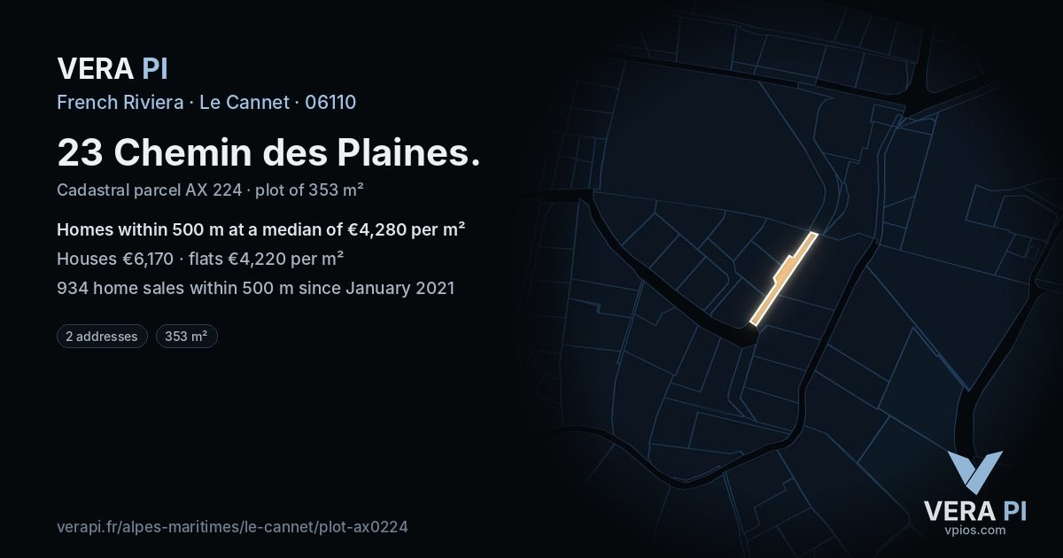 23 Chemin des Plaines, Le Cannet at night – the plot lit, the parcels around coloured by the prices near them