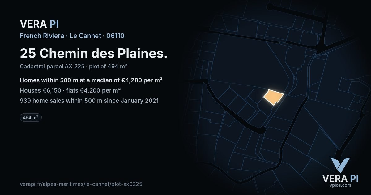 25 Chemin des Plaines, Le Cannet at night – the plot lit, the parcels around coloured by the prices near them